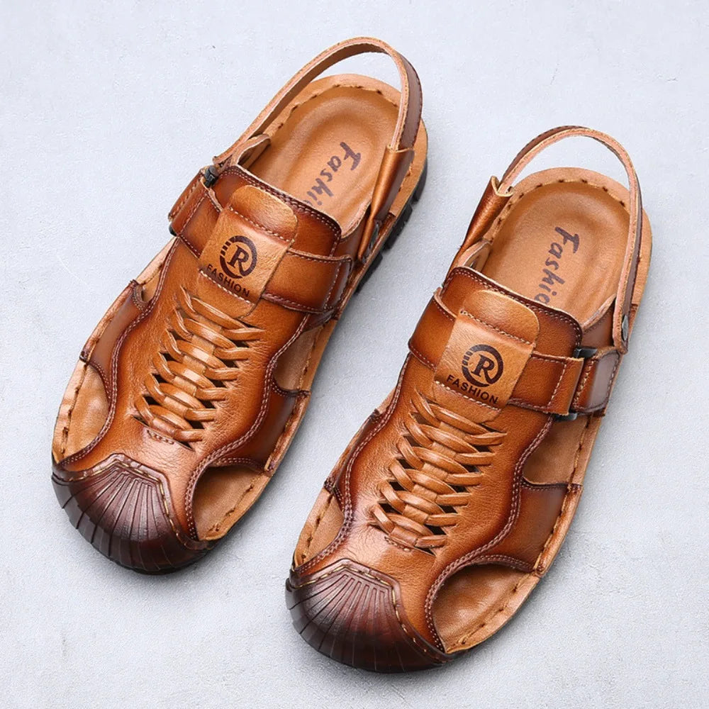 Baotou Sandals for Men 2026 Summer Top Layer Cowhide Casual Beach Shoes for Men Anti Slip Cowhide Sole Hollow Out Men's Shoes