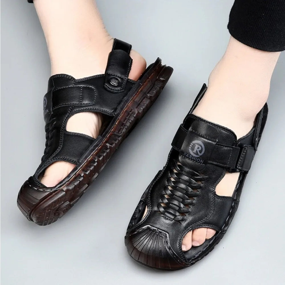 Baotou Sandals for Men 2026 Summer Top Layer Cowhide Casual Beach Shoes for Men Anti Slip Cowhide Sole Hollow Out Men's Shoes