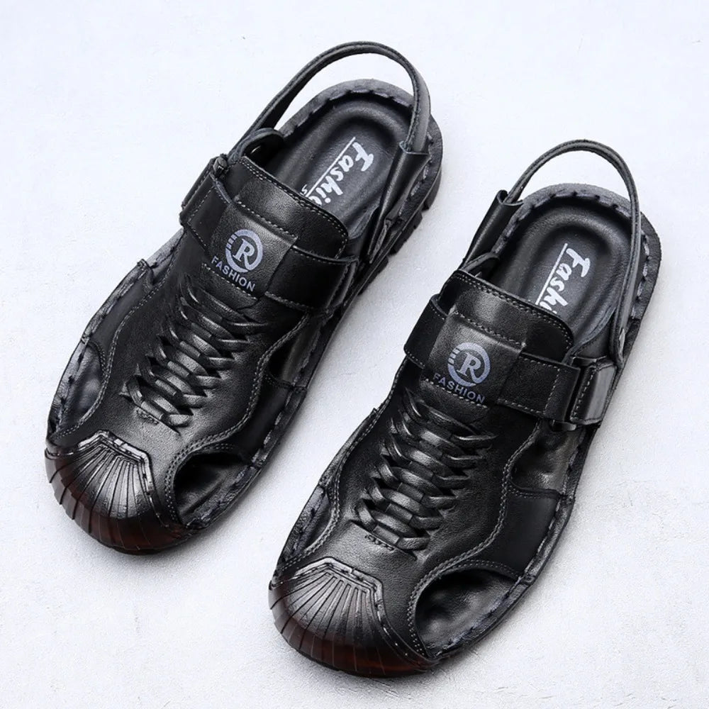 Baotou Sandals for Men 2026 Summer Top Layer Cowhide Casual Beach Shoes for Men Anti Slip Cowhide Sole Hollow Out Men's Shoes